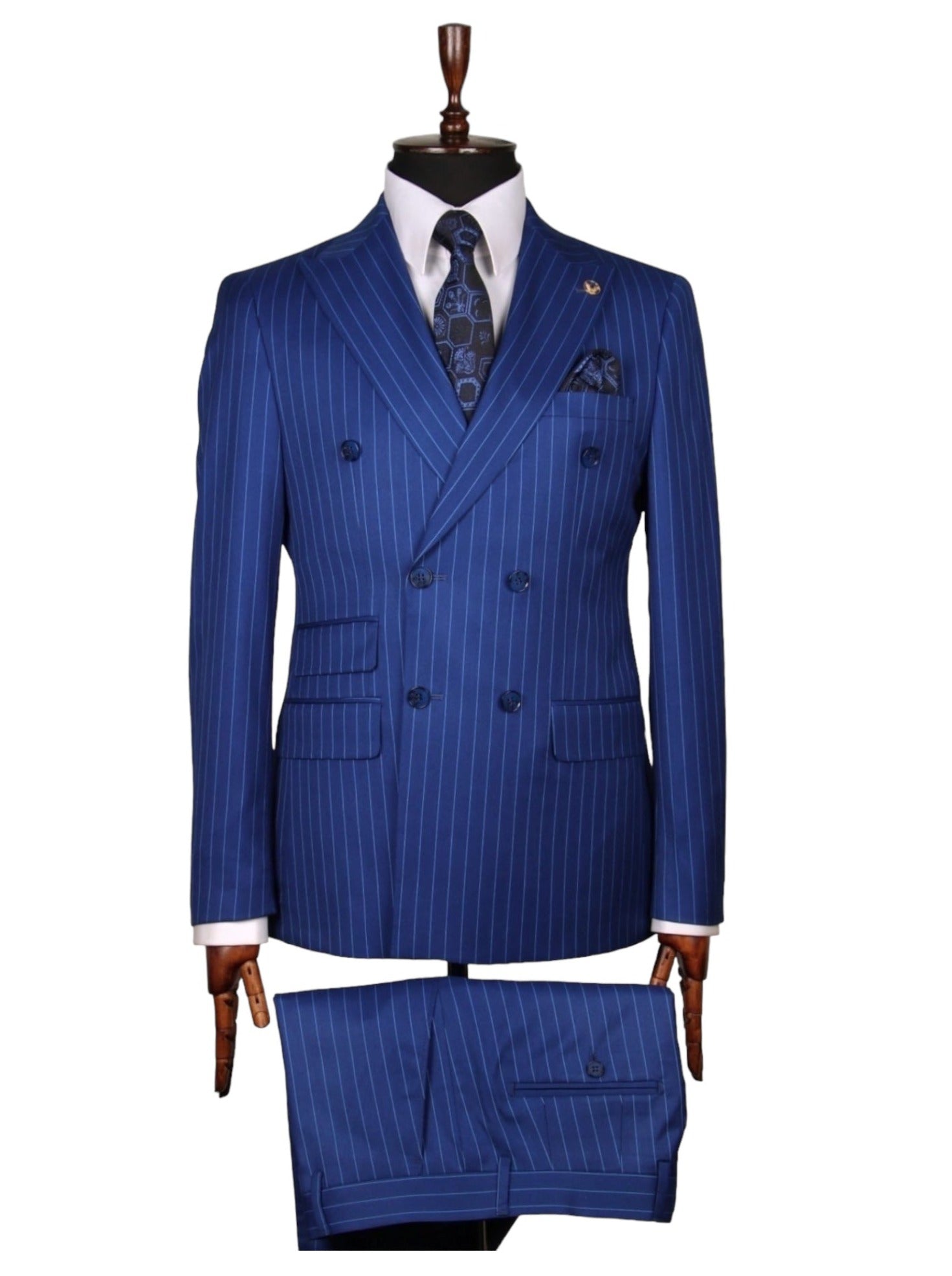 Azure Blue Striped Double Breasted Suit