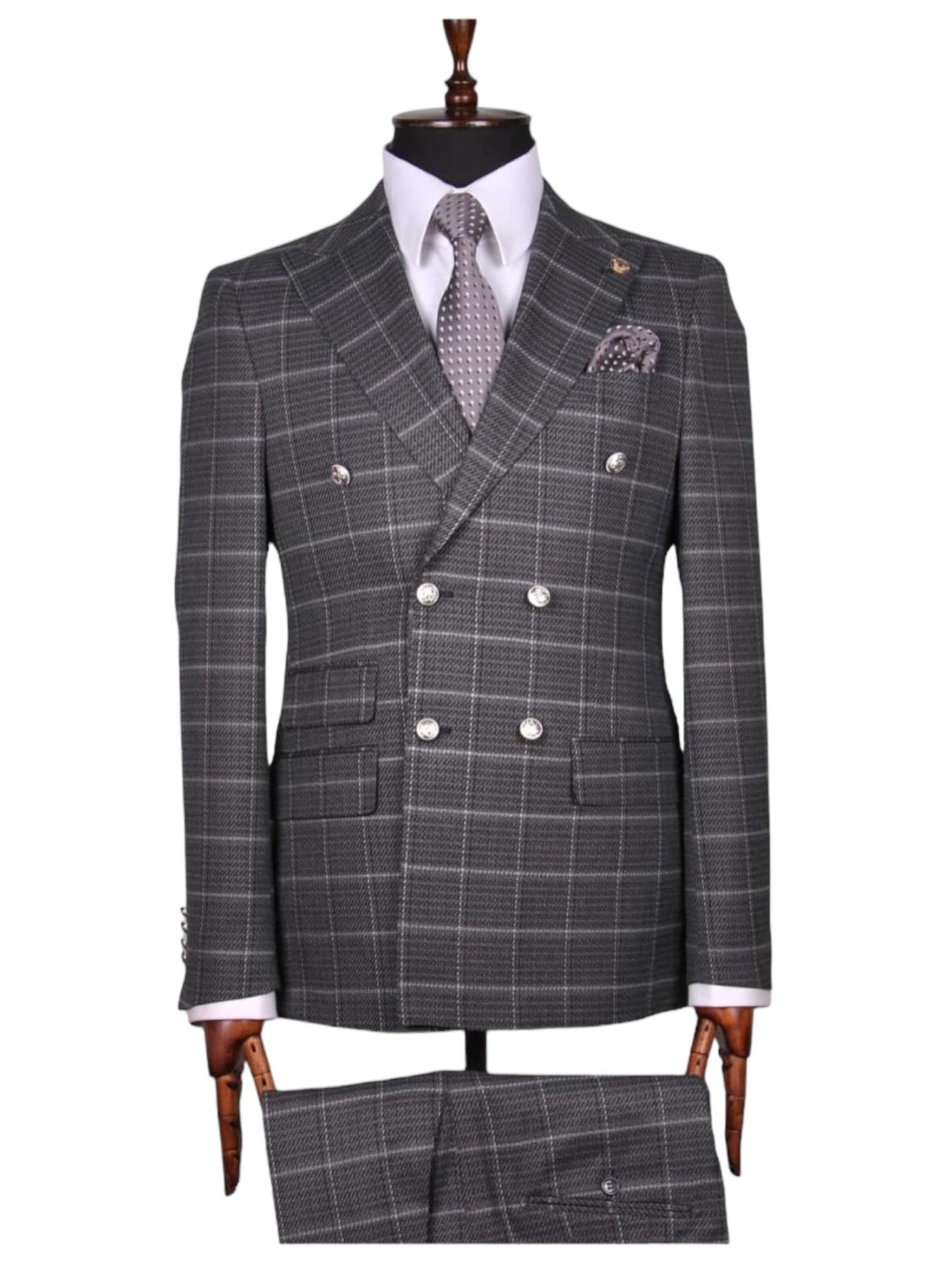 Grey Plaid Double Breasted Suit