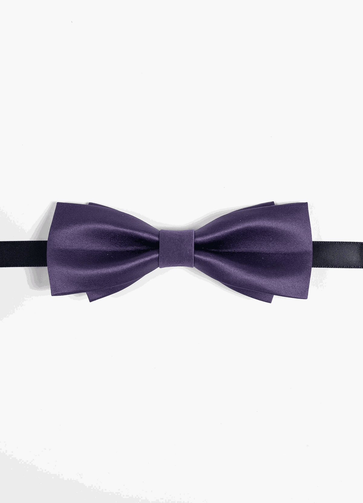 Fliege Purple Essence aus violettem, glänzendem Stoff mit symmetrischen Flügeln und schmalem schwarzem Halsband