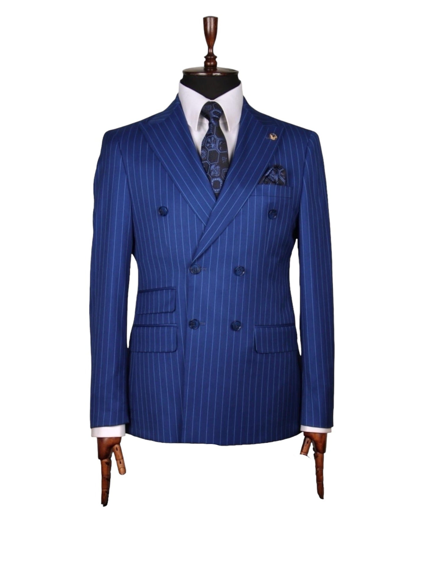 Azure Blue Striped Double Breasted Suit